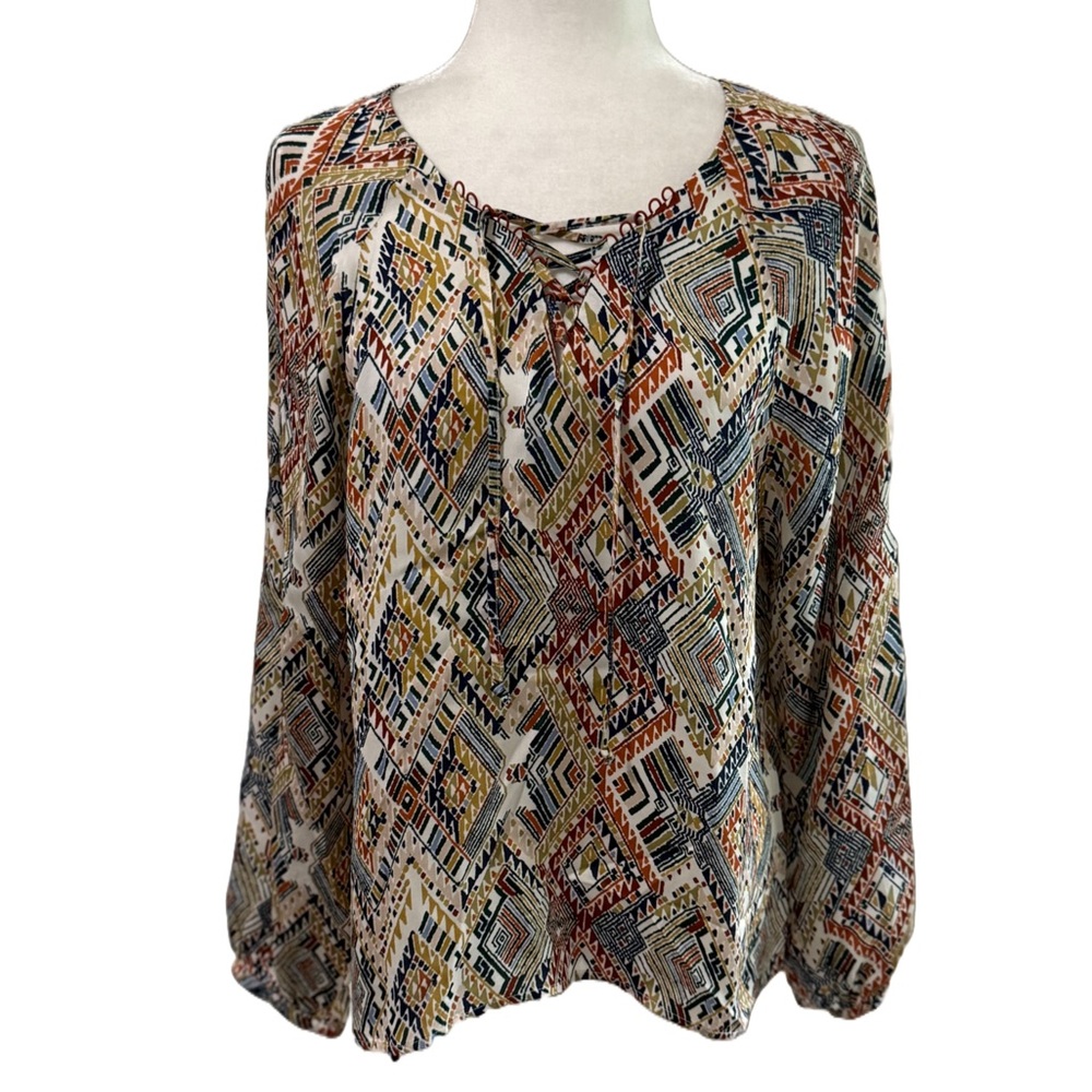 Ecru Geometric Boho Long Sleeve Lace-Up Blouse | Size Large